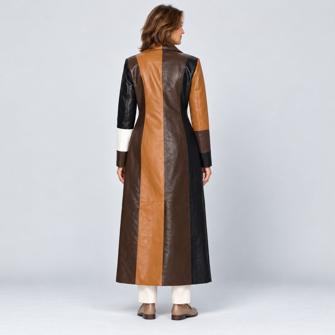 Back view of the Nadine Patchwork Faux Leather Long Coat in Patchwork Brown