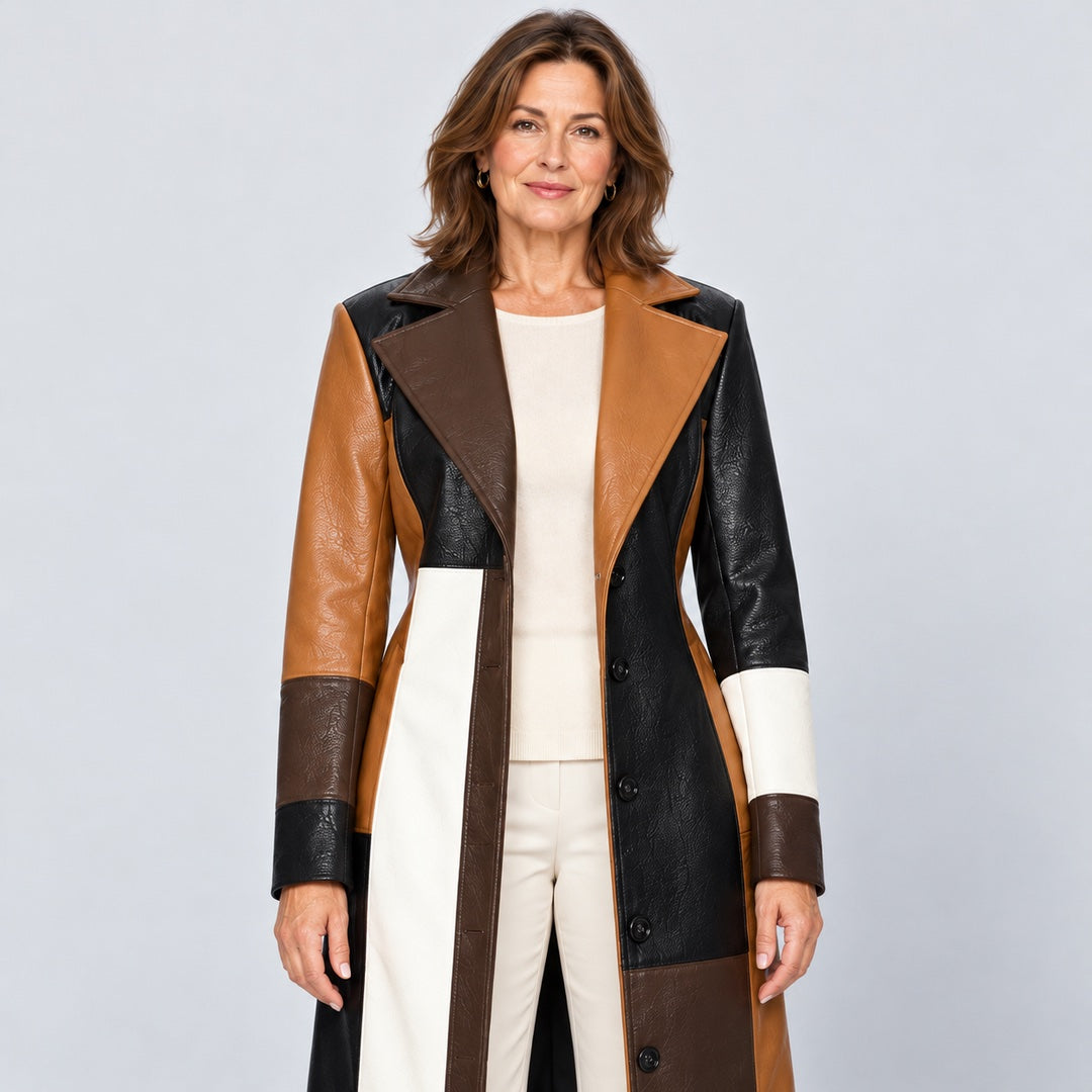 Close-up of the Nadine Patchwork Faux Leather Long Coat in Patchwork Brown