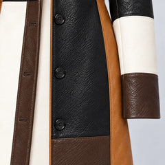 Detail of the Nadine Patchwork Faux Leather Long Coat in Patchwork Brown