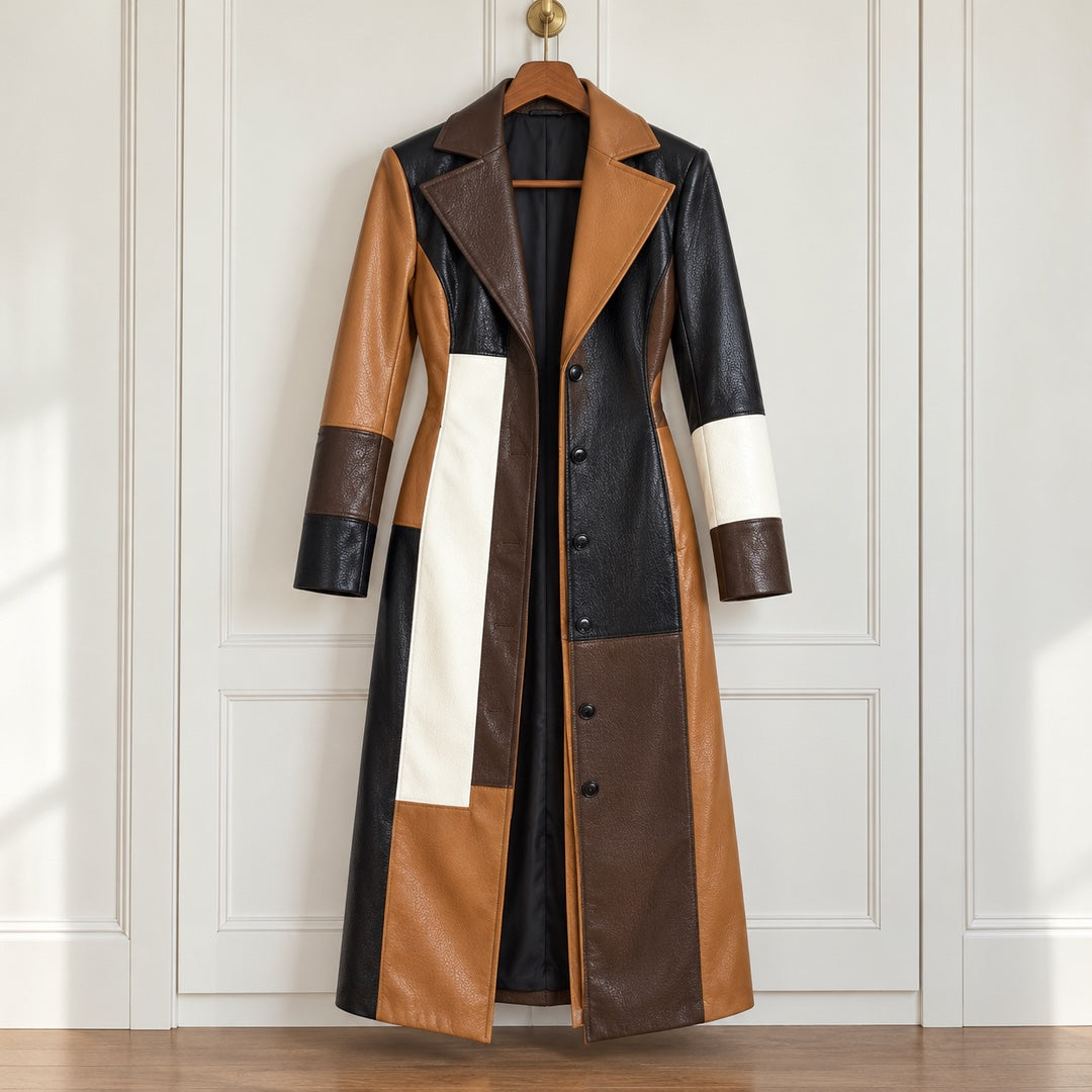 The Nadine Patchwork Faux Leather Long Coat in Patchwork Brown on a hanger