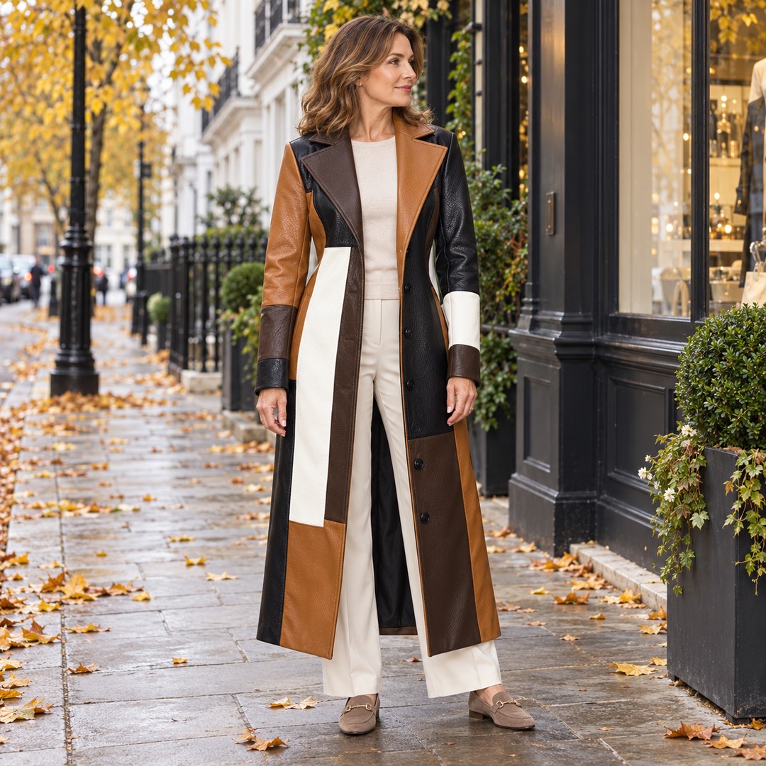 A woman wearing the Nadine Patchwork Faux Leather Long Coat in Patchwork Brown
