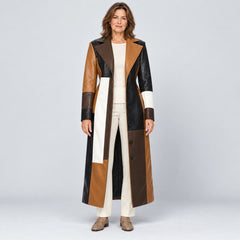 The Nadine Patchwork Faux Leather Long Coat in Patchwork Brown