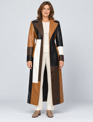 The Nadine Patchwork Faux Leather Long Coat in Patchwork Brown