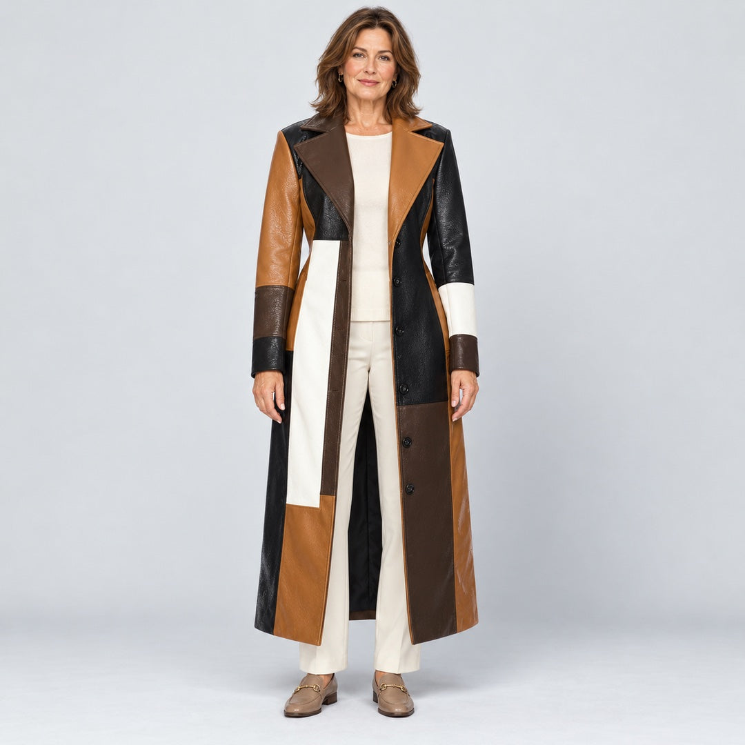 The Nadine Patchwork Faux Leather Long Coat in Patchwork Brown