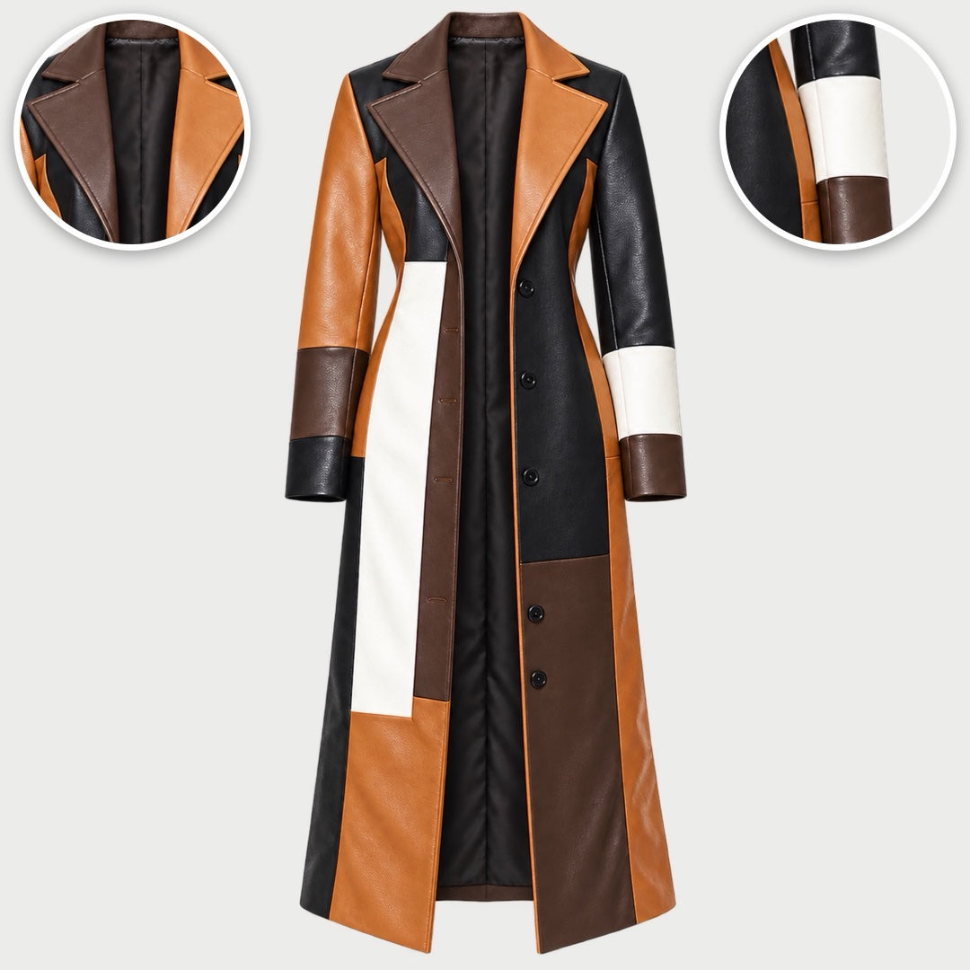 The Nadine Patchwork Faux Leather Long Coat in Patchwork Brown, with close-ups of the details