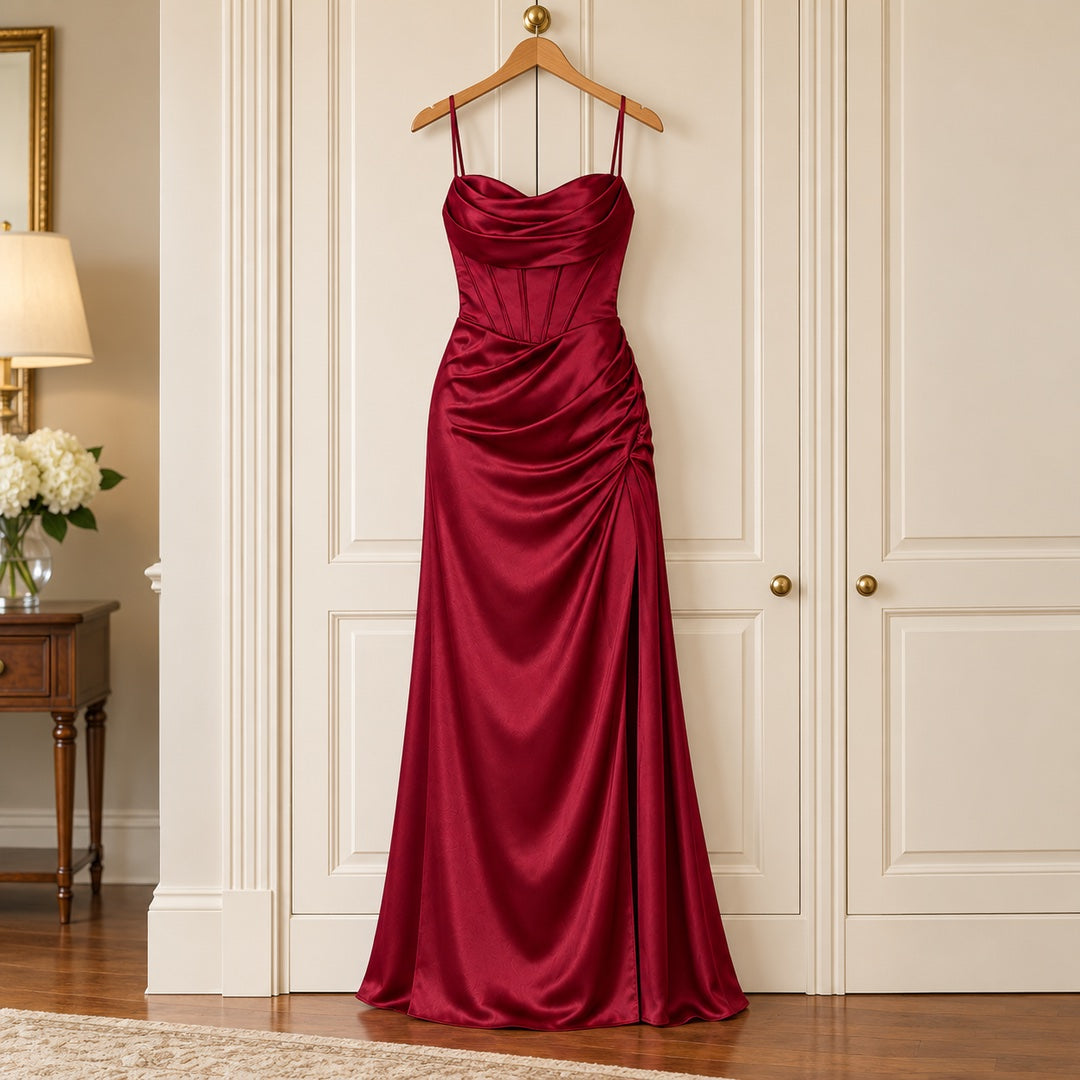 The Natalie Satin Cowl Neck Maxi Dress with Side Split on a hanger