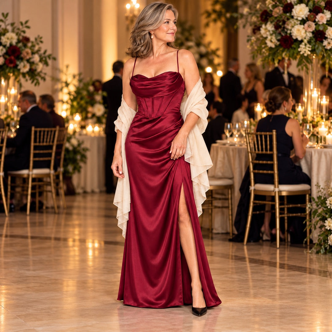 The Natalie Satin Cowl Neck Maxi Dress with Side Split worn out and about