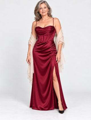 The Natalie Satin Cowl Neck Maxi Dress with Side Split in the studio