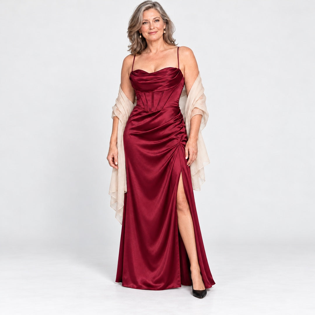 The Natalie Satin Cowl Neck Maxi Dress with Side Split in the studio