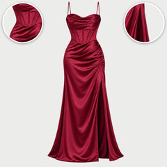 The Natalie Satin Cowl Neck Maxi Dress with Side Split with close-ups of the details