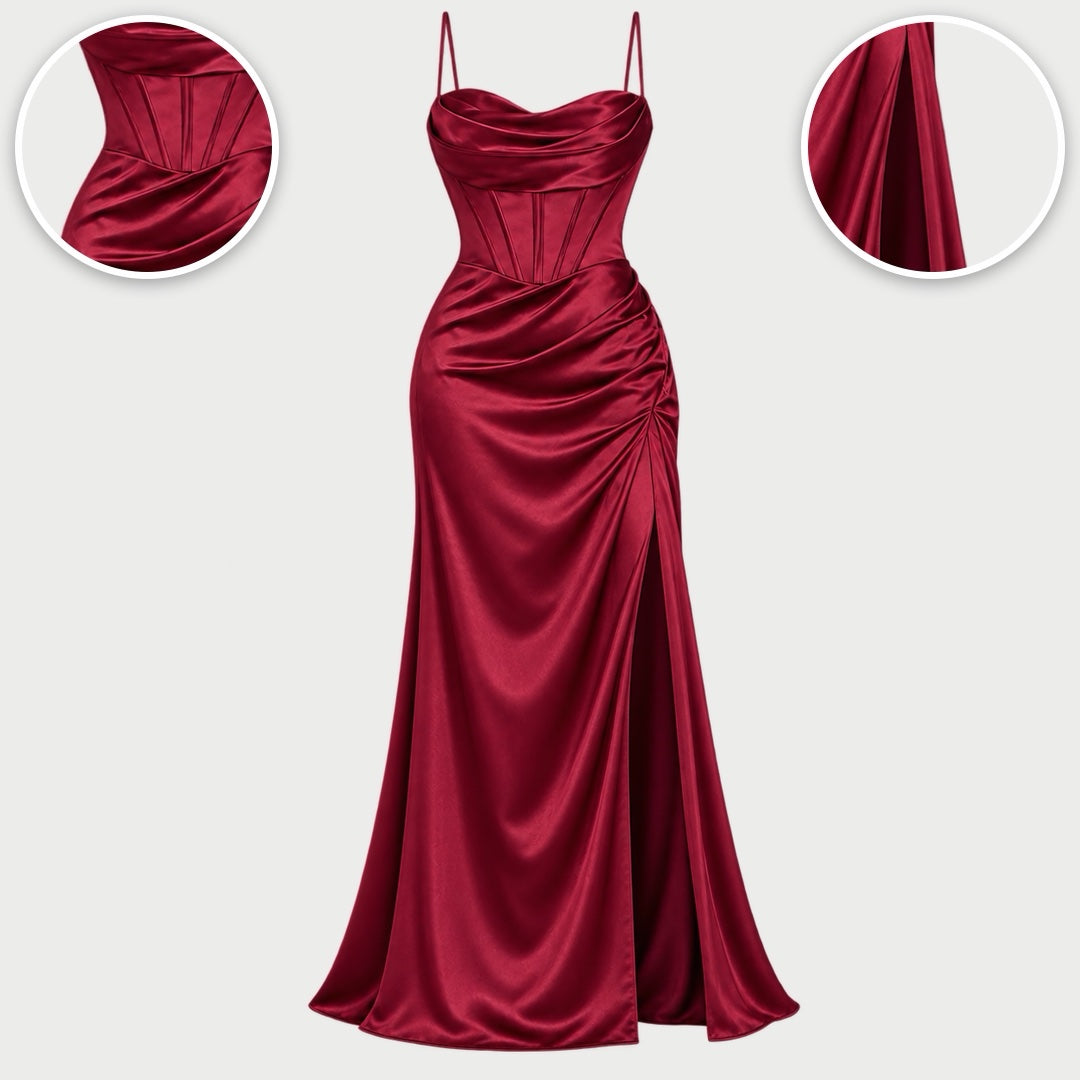 The Natalie Satin Cowl Neck Maxi Dress with Side Split with close-ups of the details