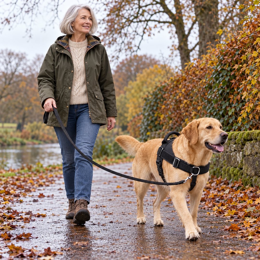 The Nicky No Pull Dog Harness with Front Clip on a dog during an autumn walk