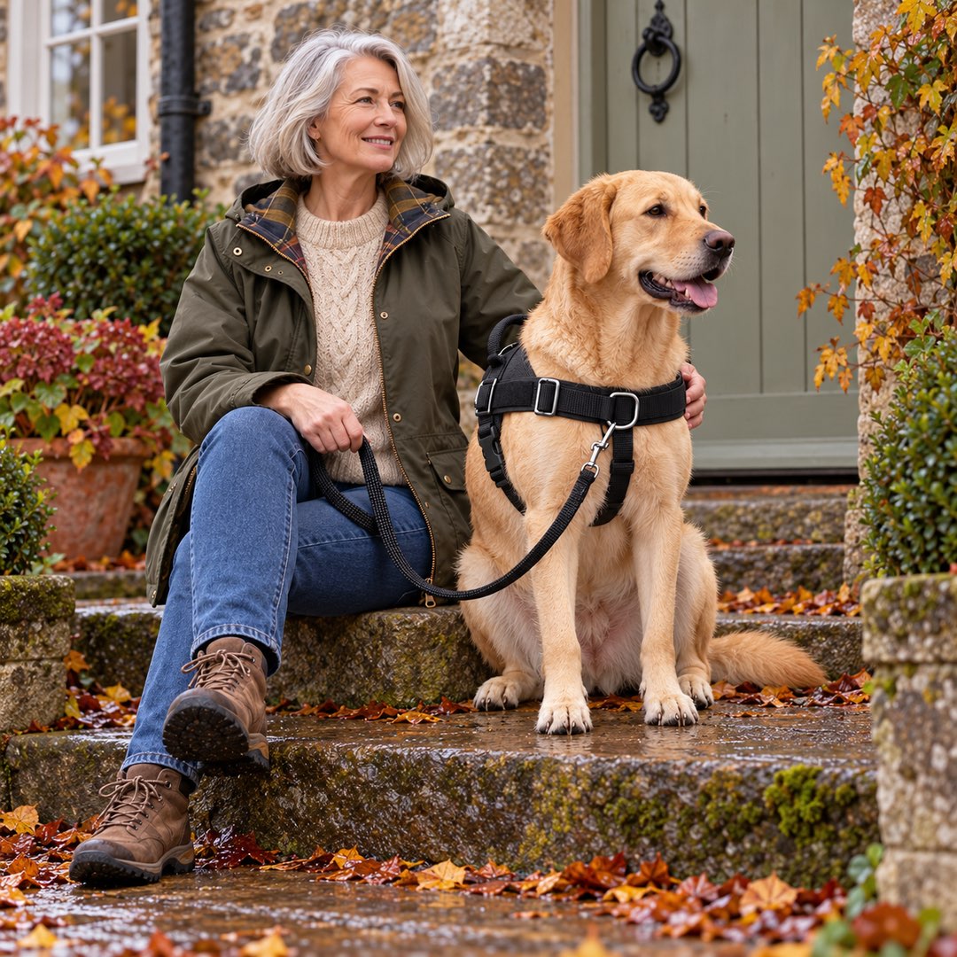 The Nicky No Pull Dog Harness with Front Clip on a happy dog outside