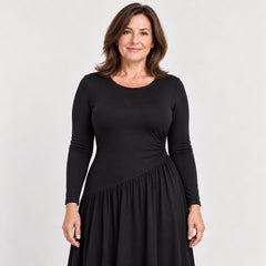 Close-up of the Nicola Gathered Waist Long Sleeve Knit Maxi Dress in Black