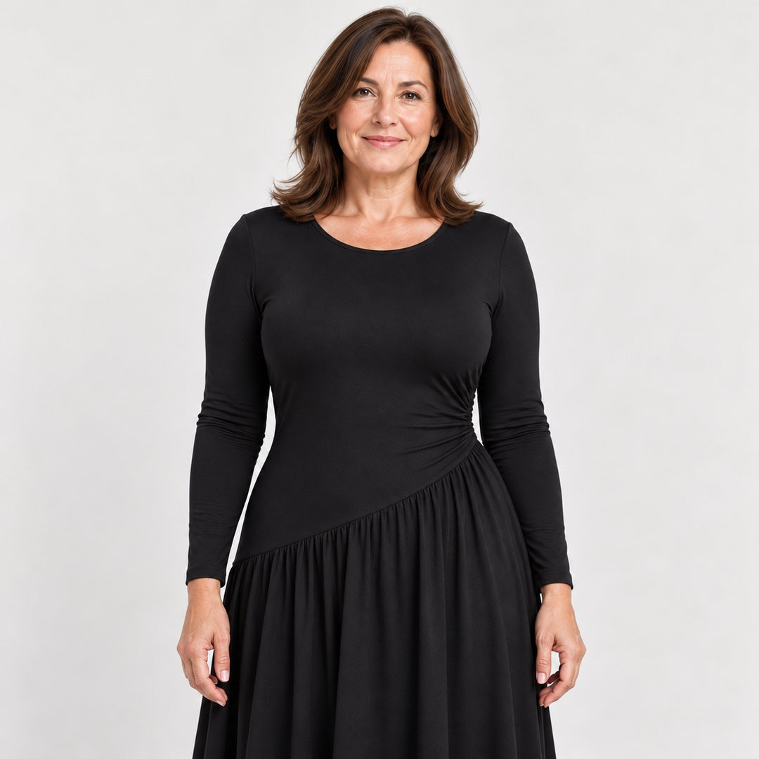 Close-up of the Nicola Gathered Waist Long Sleeve Knit Maxi Dress in Black
