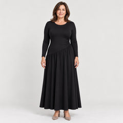 The Nicola Gathered Waist Long Sleeve Knit Maxi Dress in Black