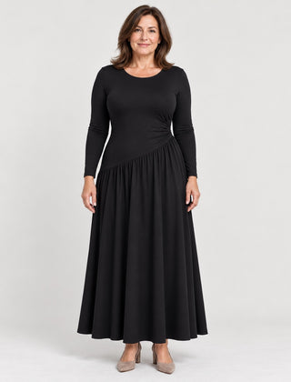 The Nicola Gathered Waist Long Sleeve Knit Maxi Dress in Black