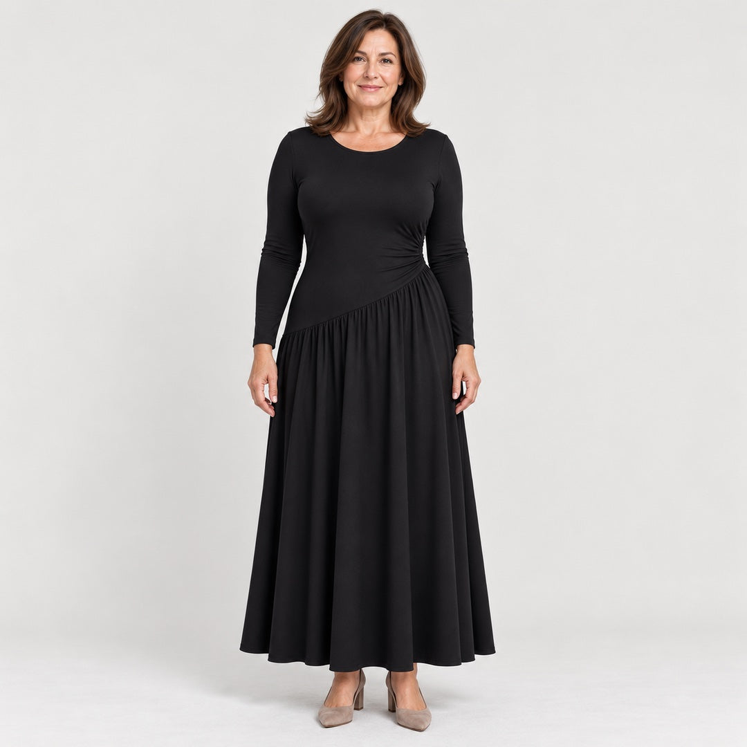 The Nicola Gathered Waist Long Sleeve Knit Maxi Dress in Black