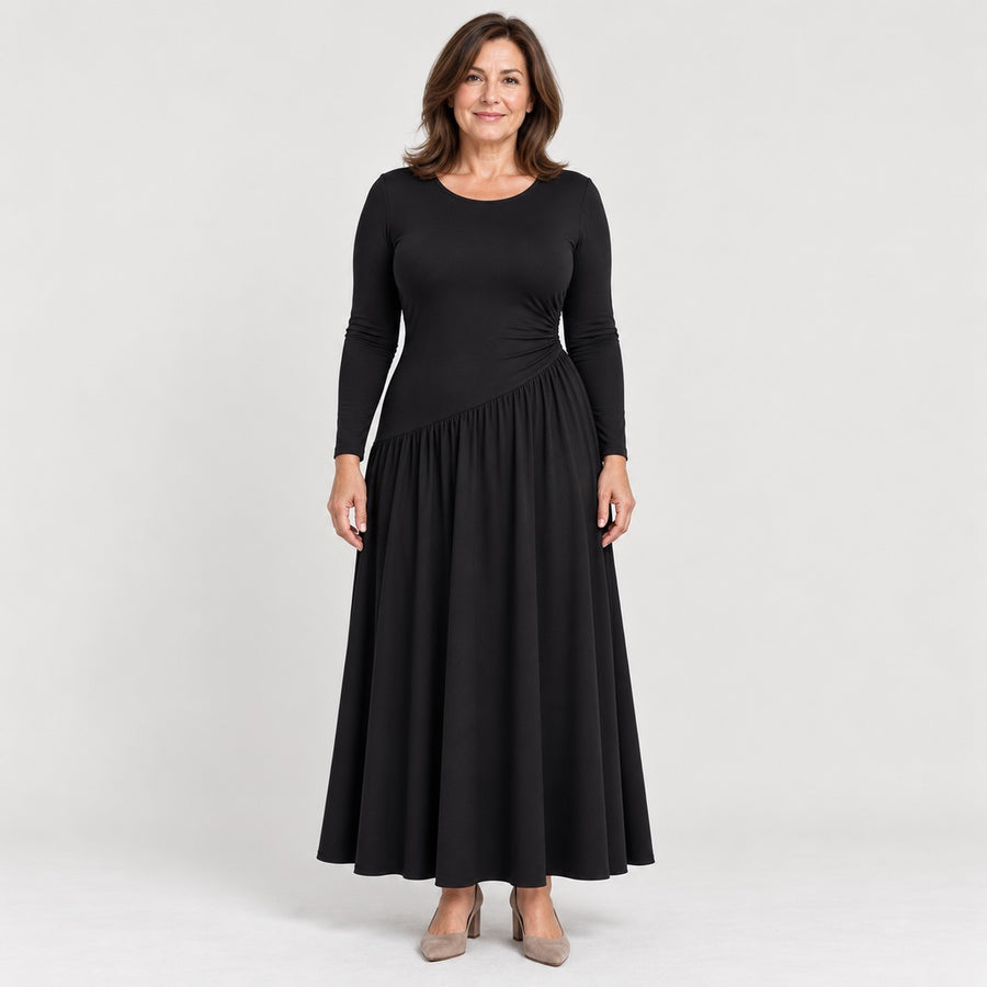 The Nicola Gathered Waist Long Sleeve Knit Maxi Dress in Black