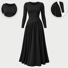 The Nicola Gathered Waist Long Sleeve Knit Maxi Dress in Black, with close-ups of the details