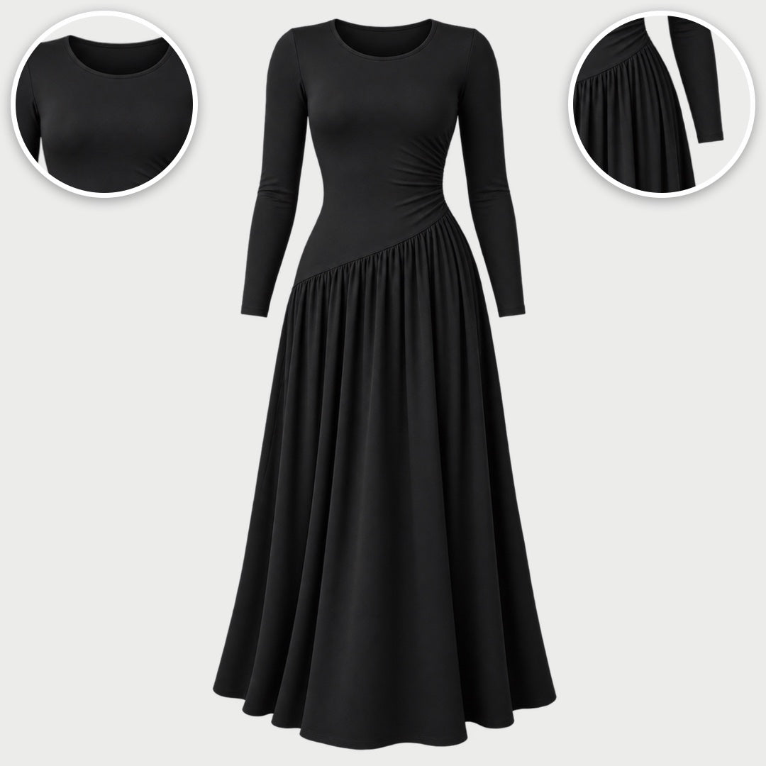 The Nicola Gathered Waist Long Sleeve Knit Maxi Dress in Black, with close-ups of the details