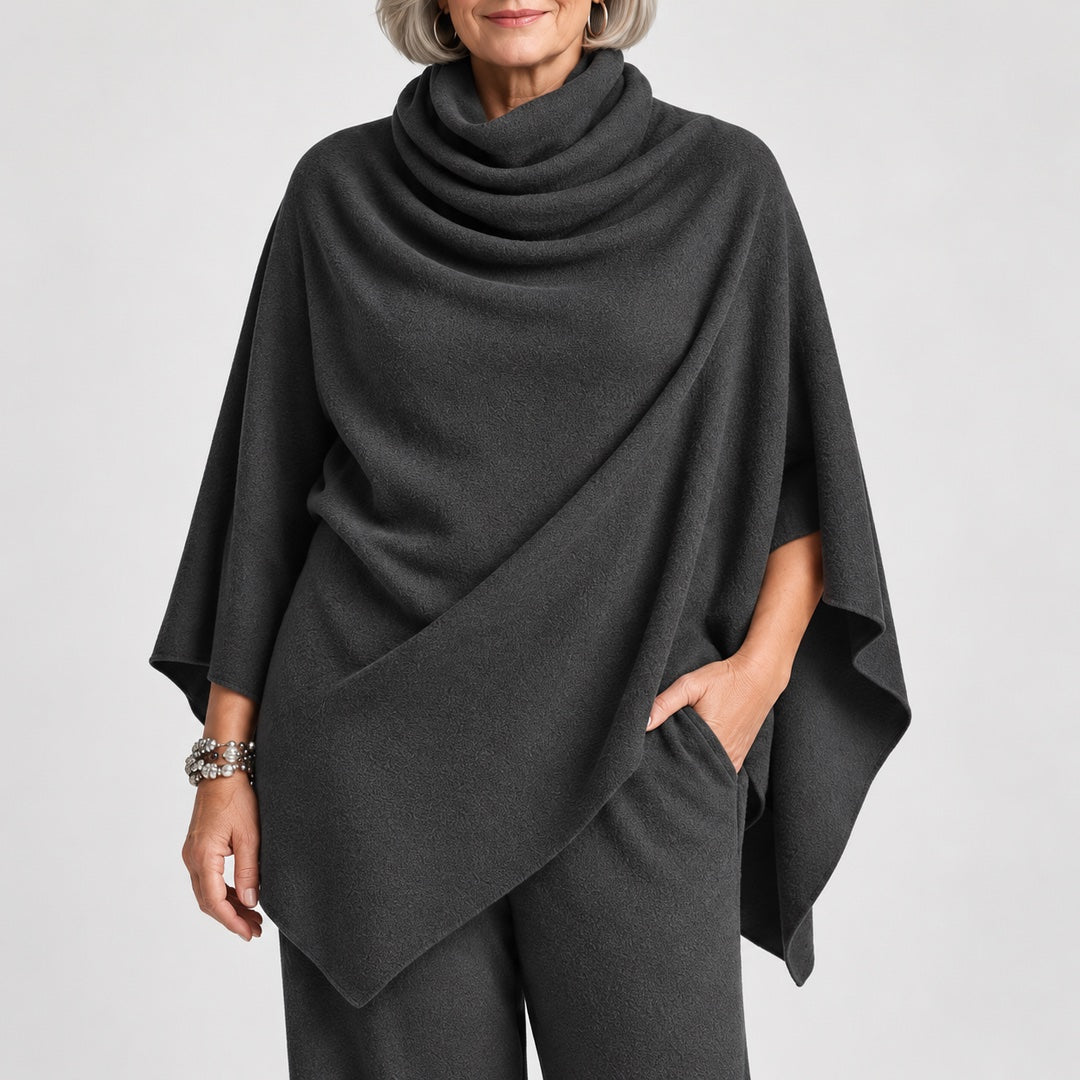Norma Cowl Neck Cape Top and Wide-Leg Trouser Set in Charcoal, a closer look at the fit