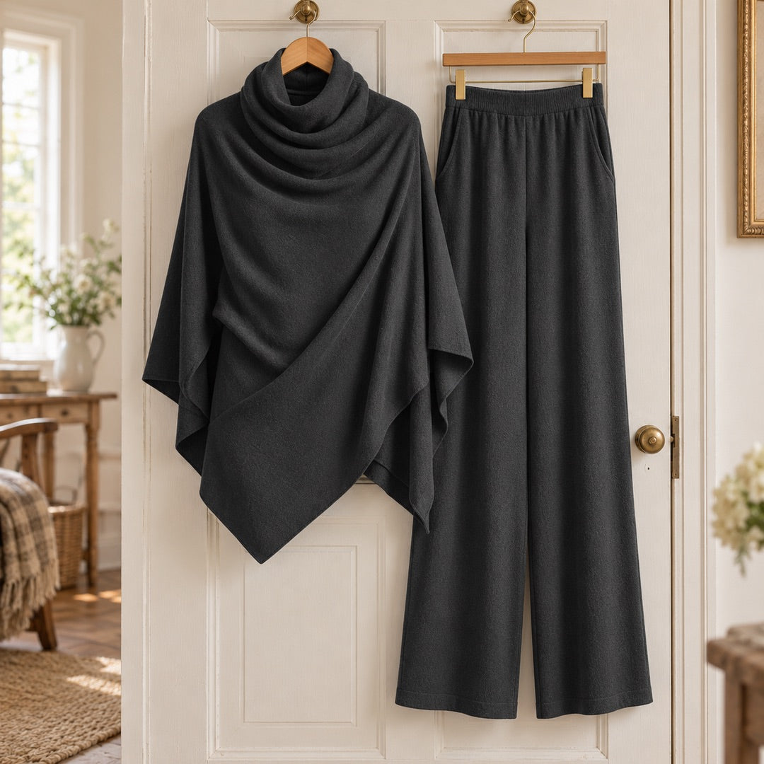 Norma Cowl Neck Cape Top and Wide-Leg Trouser Set in Charcoal on a hanger