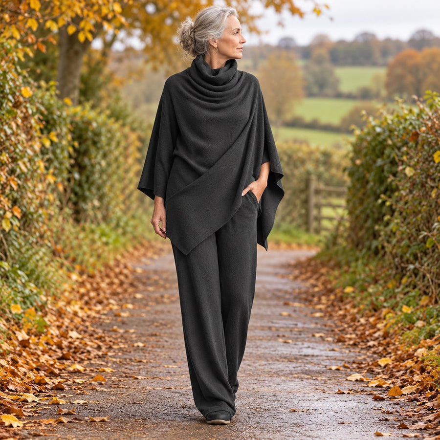 Norma Cowl Neck Cape Top and Wide-Leg Trouser Set in Charcoal, worn out and about