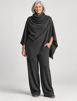 Norma Cowl Neck Cape Top and Wide-Leg Trouser Set in Charcoal