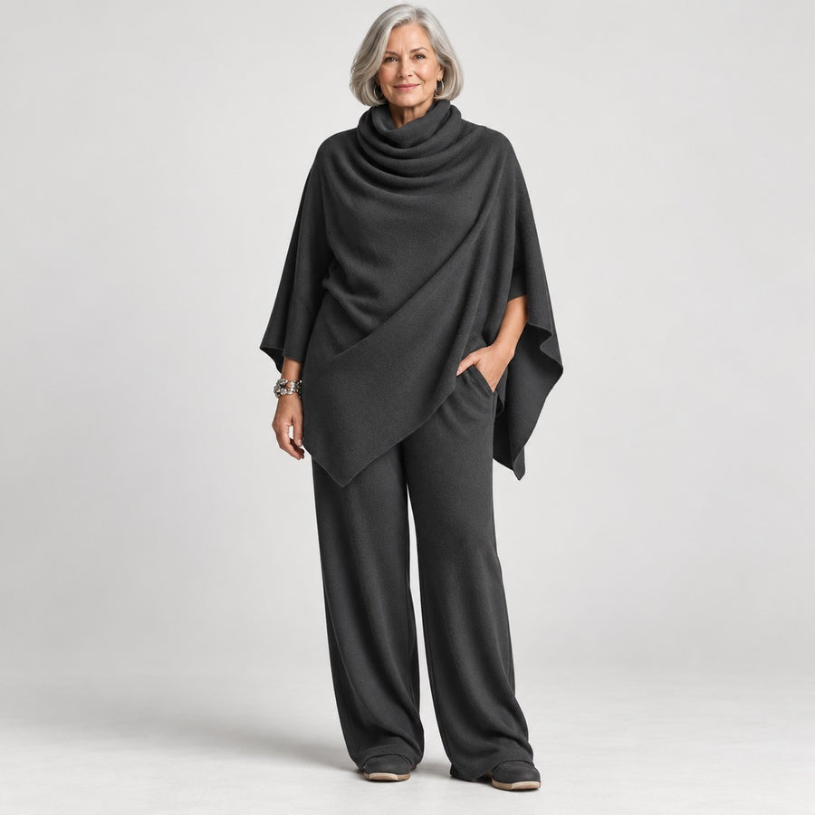 Norma Cowl Neck Cape Top and Wide-Leg Trouser Set in Charcoal