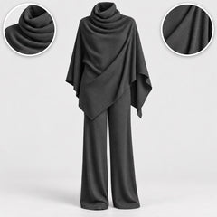 Norma Cowl Neck Cape Top and Wide-Leg Trouser Set in Charcoal, with close-ups of the details