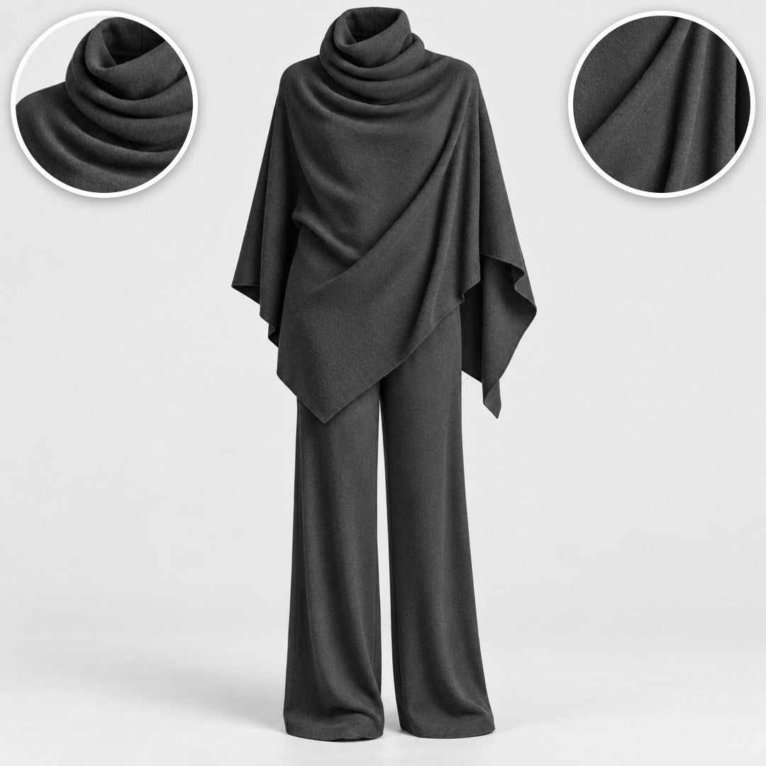 Norma Cowl Neck Cape Top and Wide-Leg Trouser Set in Charcoal, with close-ups of the details