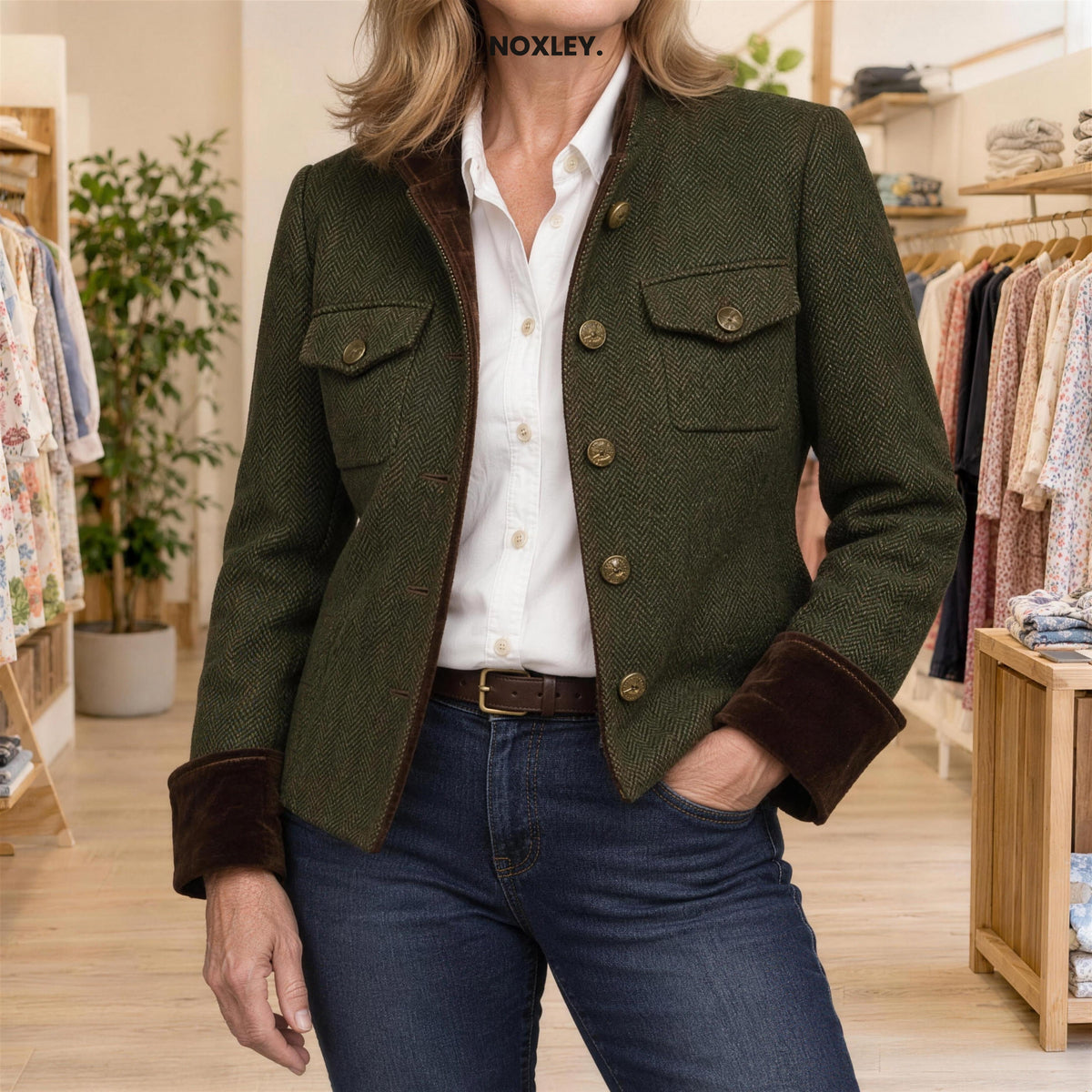 Bernadette Herringbone Tailored Jacket with Velvet Trim