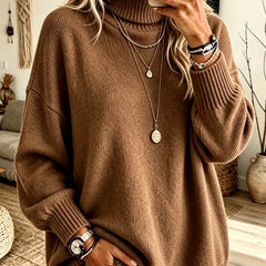 Sharon Oversized Roll Neck Ribbed Jumper in Brown