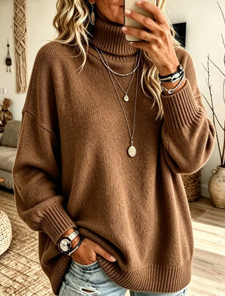 Sharon Oversized Roll Neck Ribbed Jumper in Brown