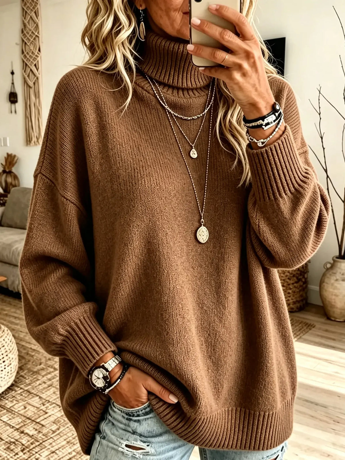 Sharon Oversized Roll Neck Ribbed Jumper in Brown