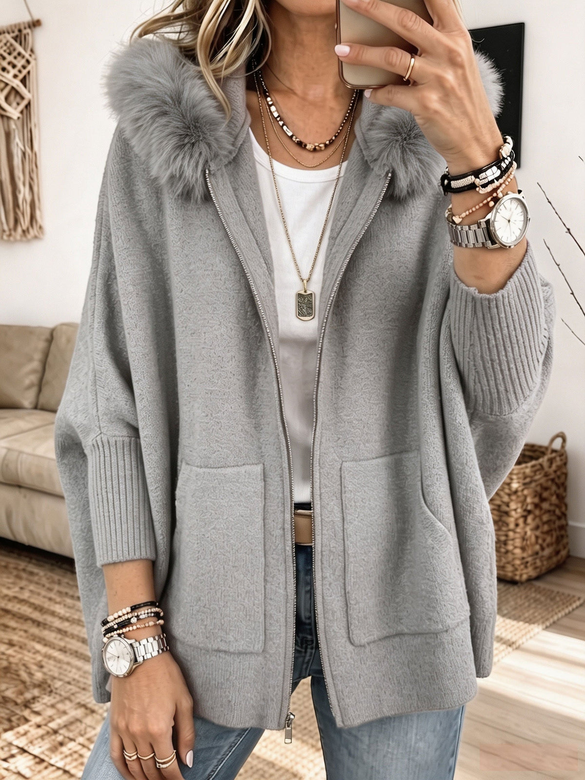 Poppy™ | Cosy Fur-Trim Hooded Cardigan