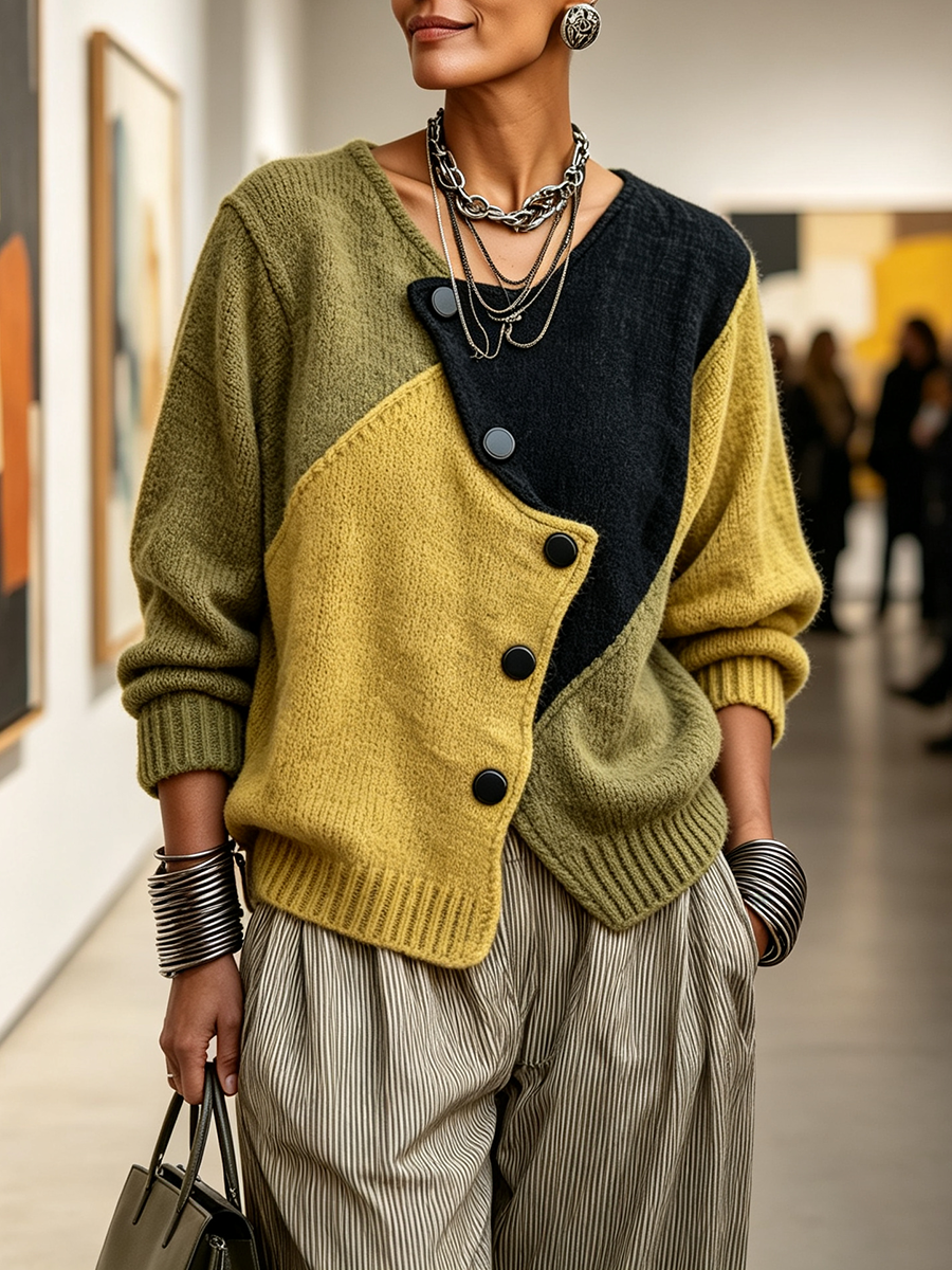 Josie | Colour Block Asymmetric Button Jumper