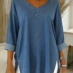 Thelma | V-Neck Denim-Look Tunic Top