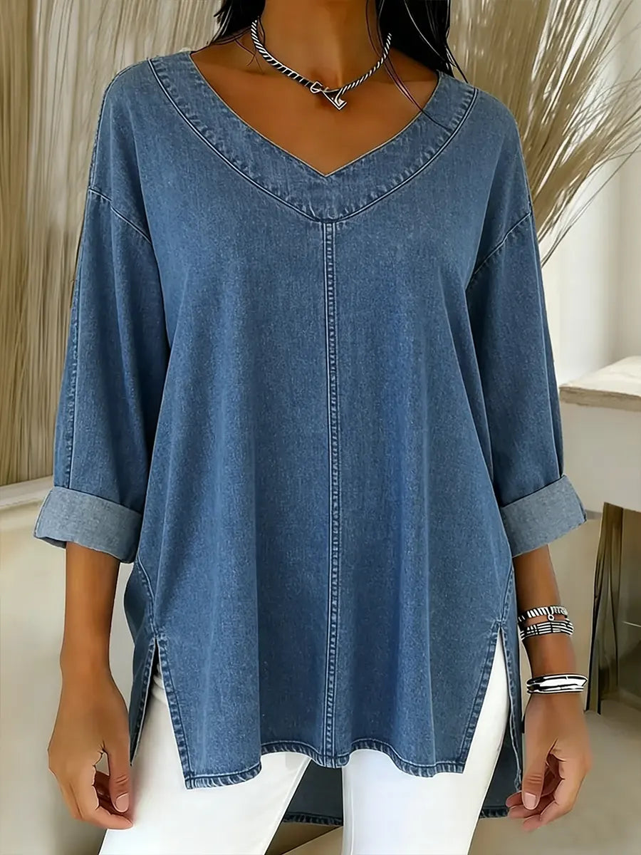 Thelma | V-Neck Denim-Look Tunic Top