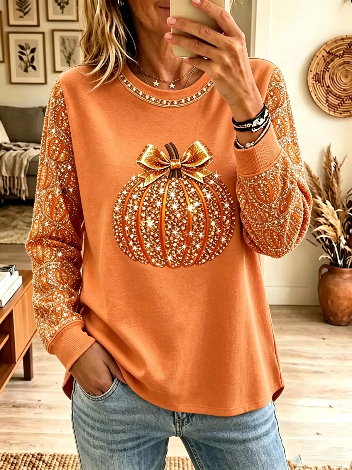 Tracey Sparkle Pumpkin Autumn Sweatshirt in Pumpkin Orange