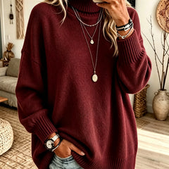 Sharon Oversized Roll Neck Ribbed Jumper in Red