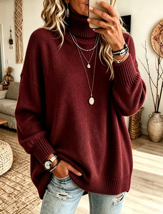 Sharon Oversized Roll Neck Ribbed Jumper in Red