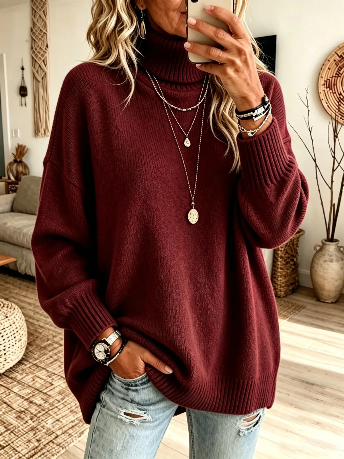 Sharon Oversized Roll Neck Ribbed Jumper in Red