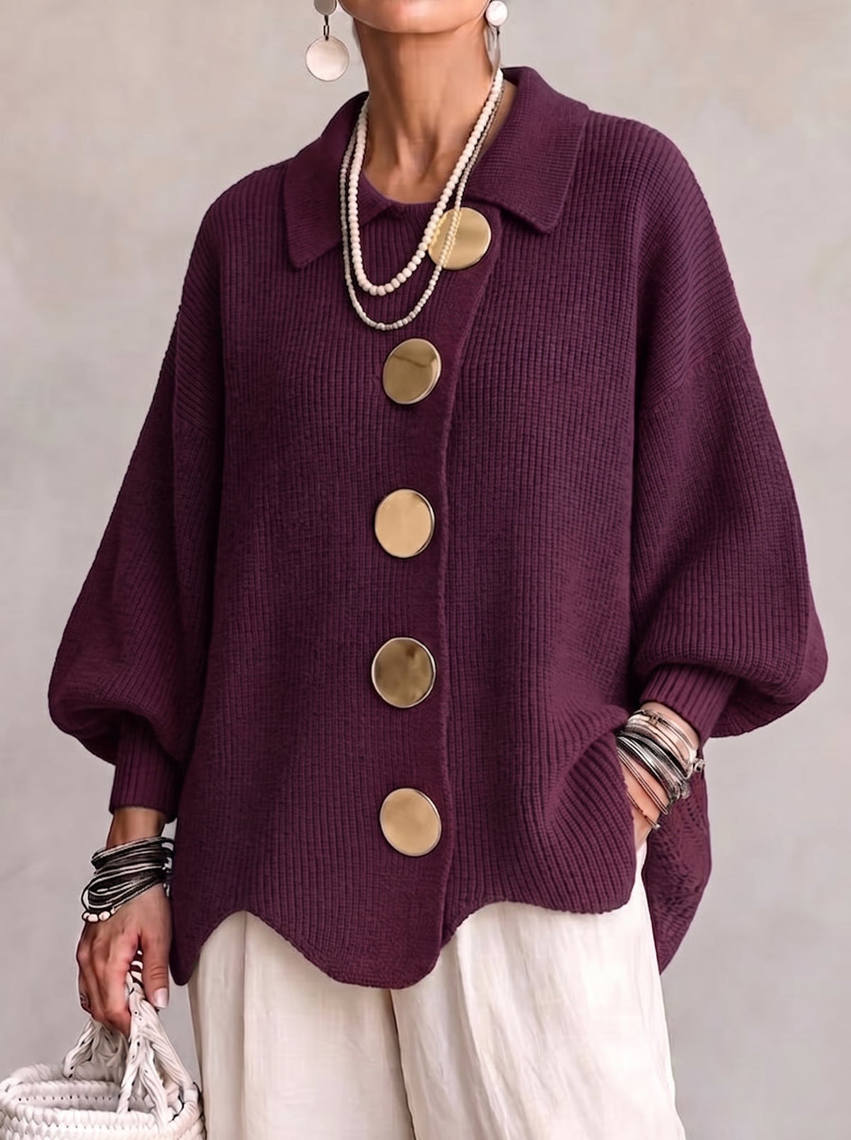 Jacqueline Collared Gold Button Knit Cardigan