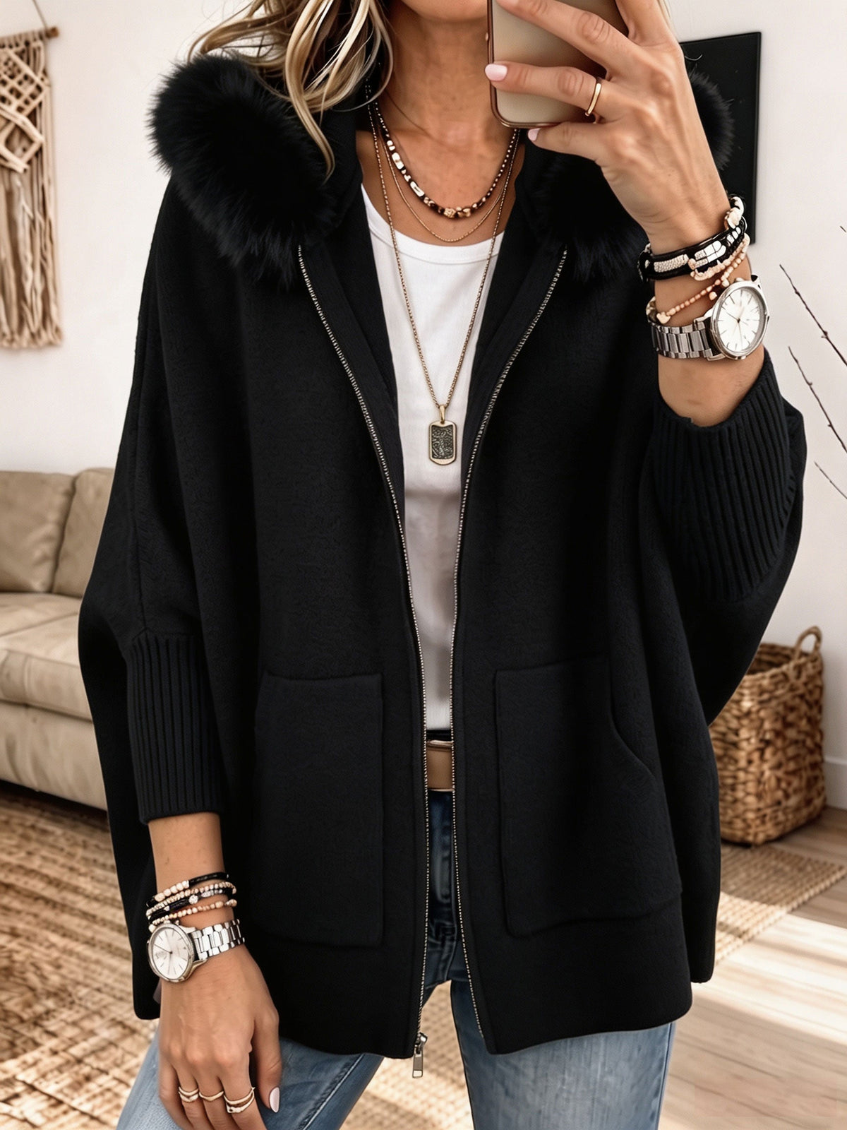 Poppy™ | Cosy Fur-Trim Hooded Cardigan