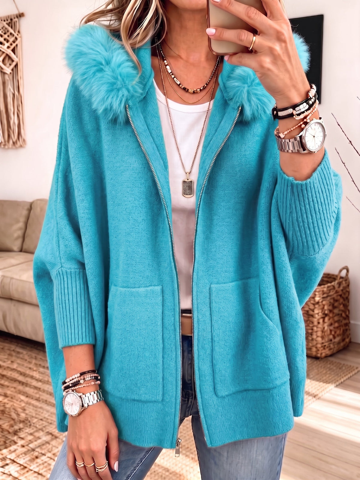 Poppy™ | Cosy Fur-Trim Hooded Cardigan