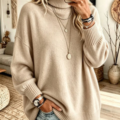 Sharon Oversized Roll Neck Ribbed Jumper in Apricot