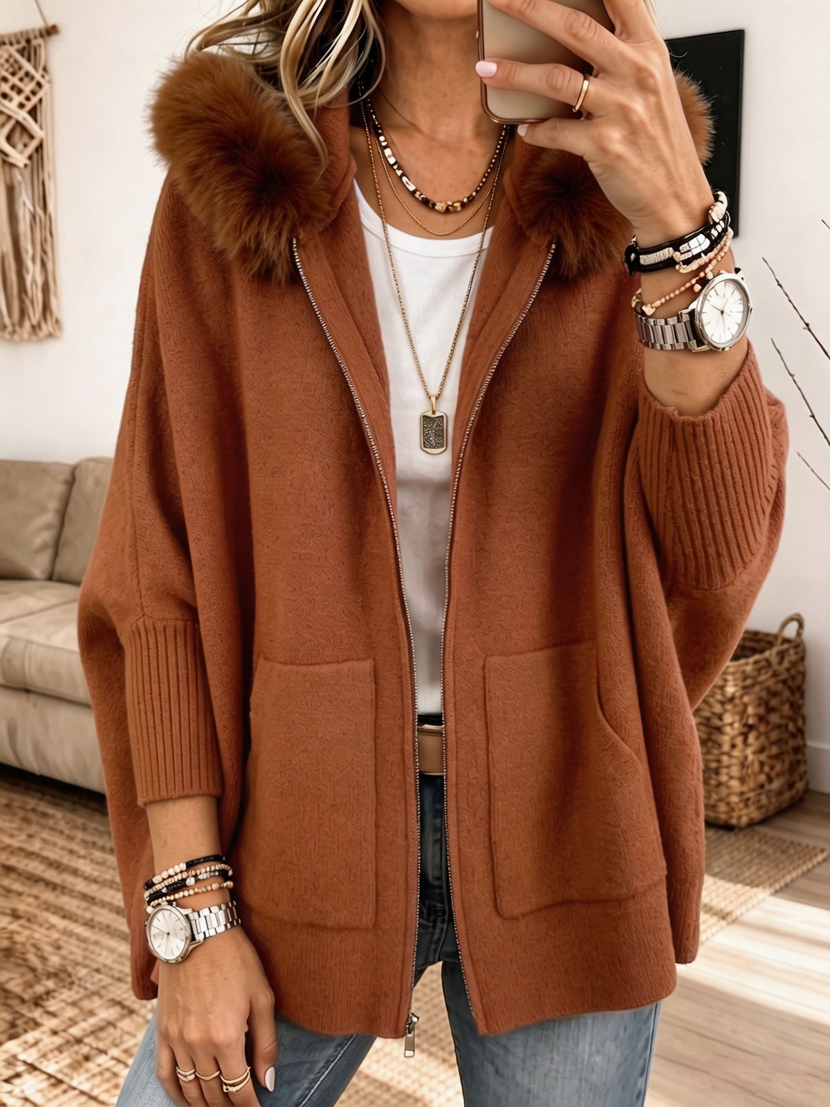 Poppy™ | Cosy Fur-Trim Hooded Cardigan