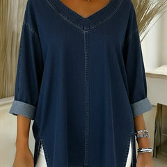Thelma | V-Neck Denim-Look Tunic Top